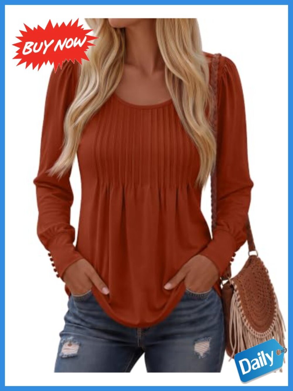 Women's Puff Long Sleeve Boho Tunic Top Pleated Crew Neck Flowy Blouse